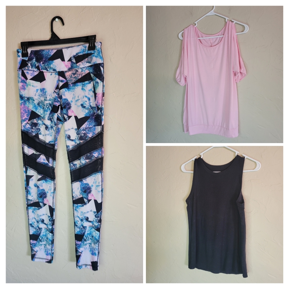 Bundle of Ladies Activewear, tank top, t-shirt top, Material Girl leggings, sz M